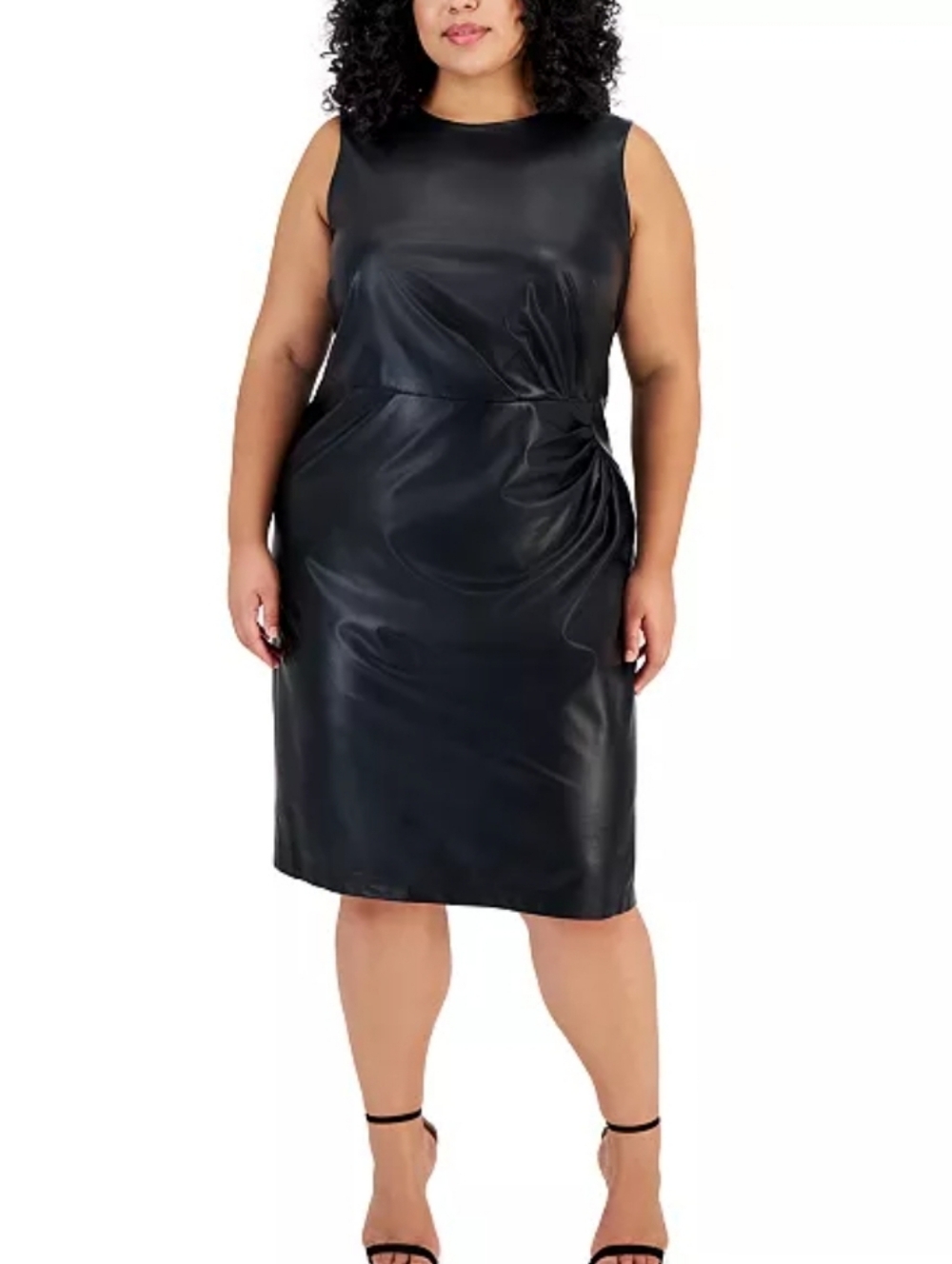 Calvin Klein Black Faux-Leather Gathered Ruched Sheath Dress